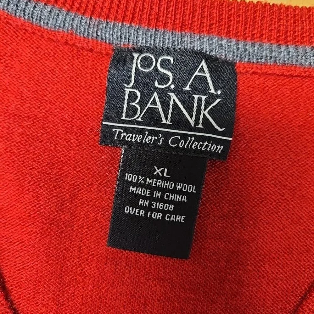 Jos. A. Bank Traveller 100% Merino Wool Sweater Mens Size XL V-Neck Red